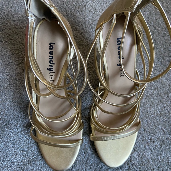 Women’s size 8 strappy gold heels. Laundry List - Picture 2 of 6